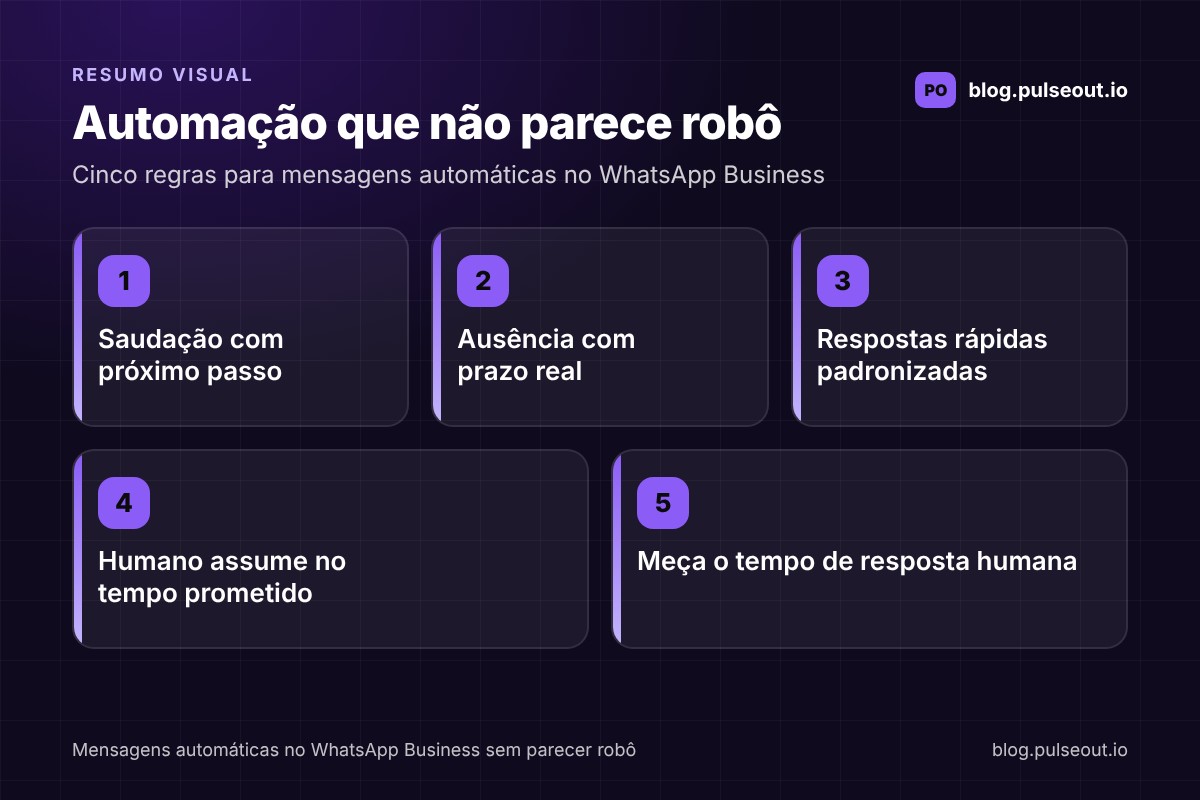 Infográfico com cinco regras para mensagens automáticas no WhatsApp Business que não parecem robô: saudação com próximo passo, ausência com prazo real, respostas rápidas padronizadas, humano assume no tempo prometido e medição do tempo de resposta